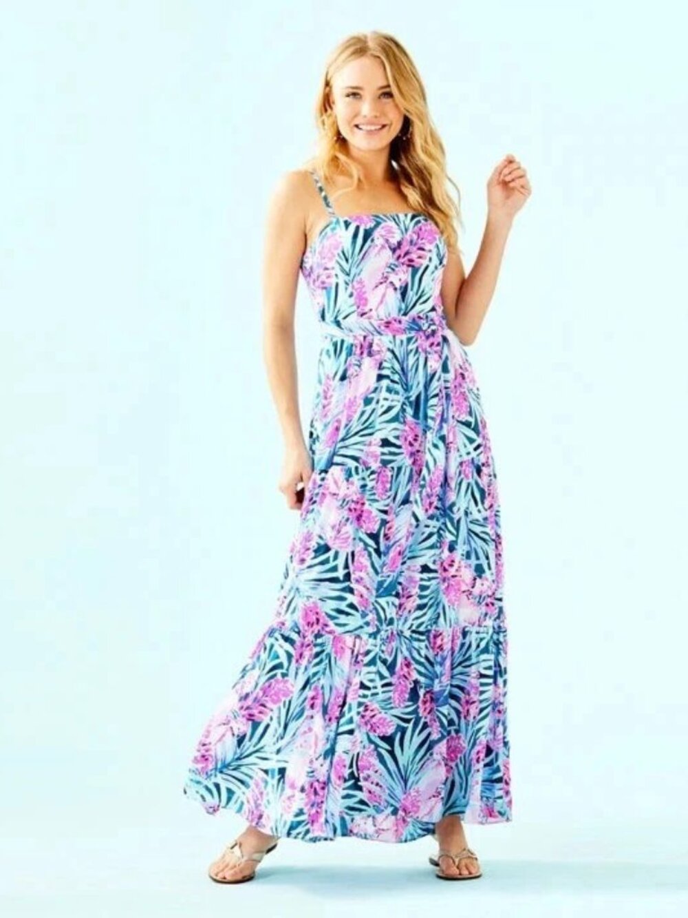 Lilly Pulitzer Aviana Maxi Dress Blue & Pink Tropical Tiered Maxi Dress Sz 16